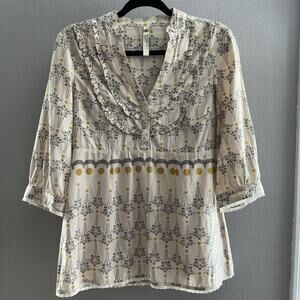 Fossil Gray Yellow Pintuck Blouse Top Lace Trim Silk Cotton Medium